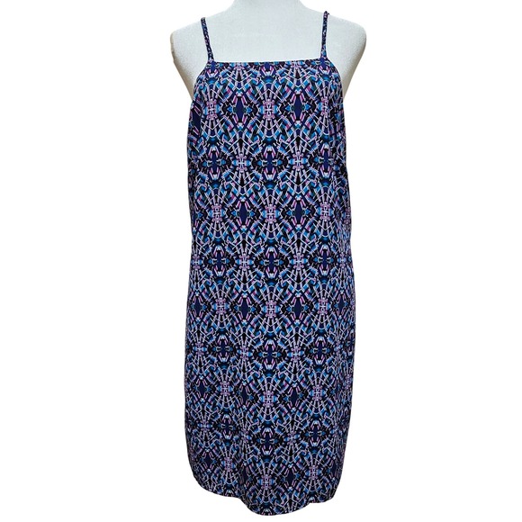 AMBAR Blue Multicolor Kaleidoscope Apron Neckline Strappy Mini Dress Size Medium - Picture 1 of 6